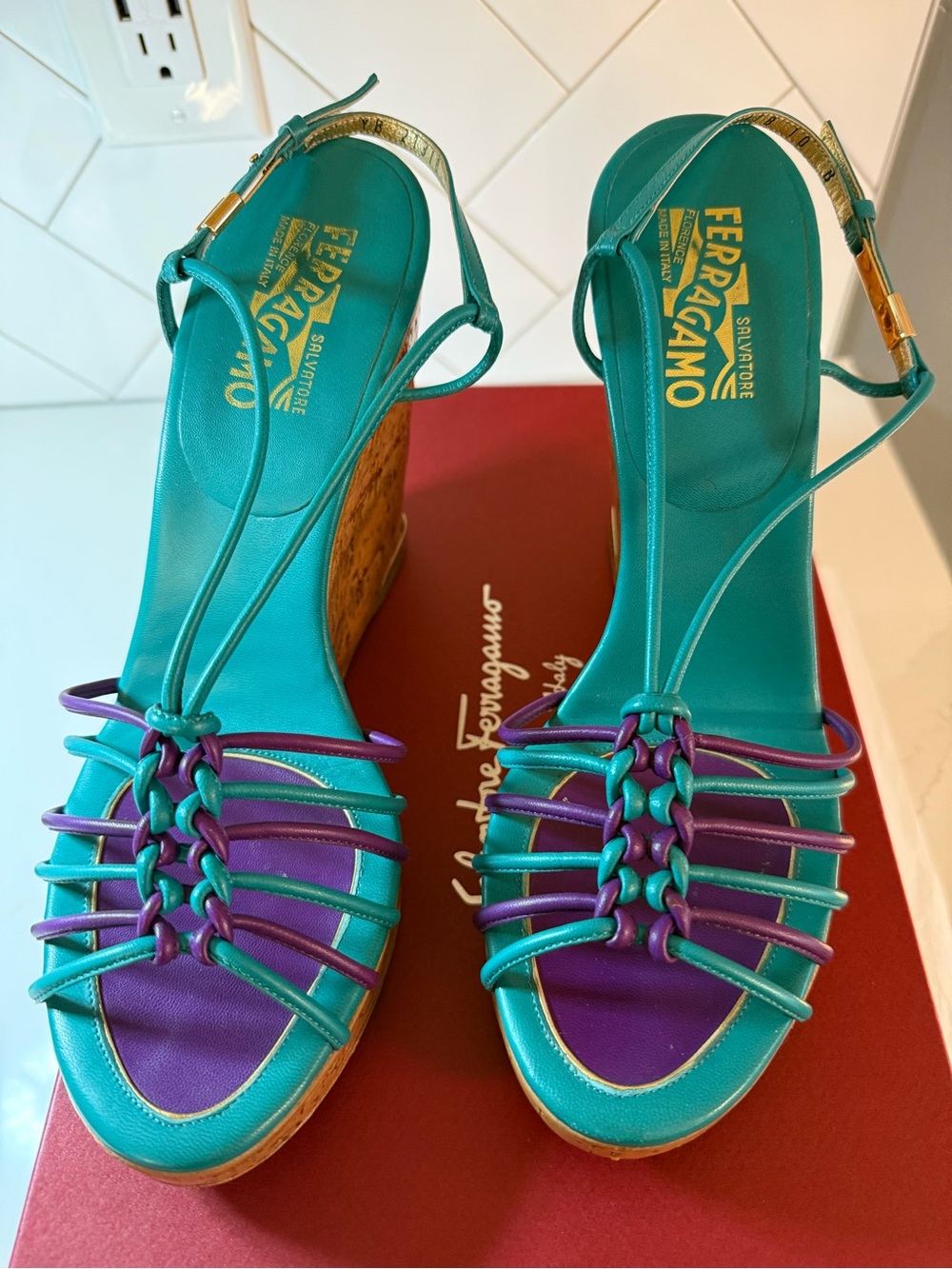 Salvatore Ferragamo Teal & Purple Woven Leather Cork Wedge Sandals